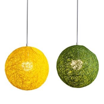 Полилей с топки от ратан и коноп, 2 броя Индивидуално творчество, сферична лампа от ратан, зелен бамбук и жълт бамбук