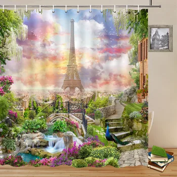 През пролетта на Ретро Парижки градски Пейзаж Завеса За Душ Айфеловата Кула Цвете Европейска Архитектура Пейзаж Цветни Растения Декор на Банята