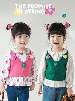 Пролетно-есенен костюм за момичета, новост 2023 г., детска скъпа риза и жилетка от две части с обемно цвете