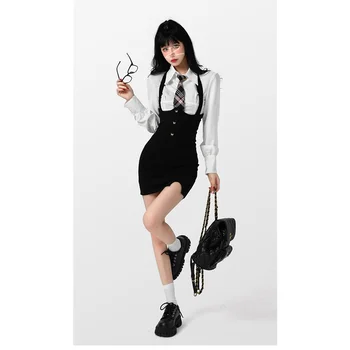 Пролетта женски вязаное рокля на спагети презрамки, бяла риза с дълъг ръкав, костюм-двойка, корейски модерен академичен стил, черна къса пола