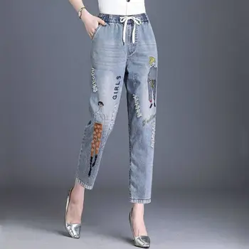 Реколта женски широки дънки Y2K, пролет-лято, нови панталони с дължина до щиколоток еластичен колан, дънкови панталони с корейски принтом и дупки 2023