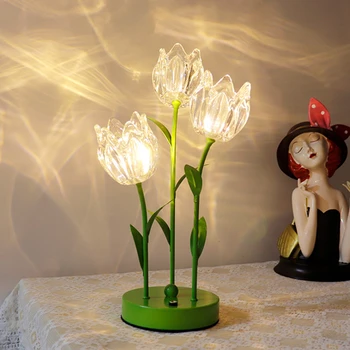 Светодиодна настолна лампа с цветя лалета USB/батерия, лека нощ с ландышем, сетивно затъмнение, водонепроницаемое осветление, декорации за дома
