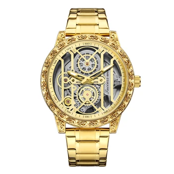 Свободно време и мода Златна през цялата мъжка Стоманена каишка, прозрачни кварцови часовници с выдалбливанием, новост