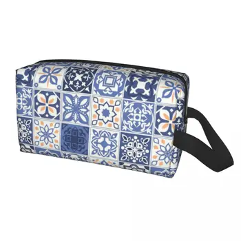 Синя Португалската Плиточная Чанта за Тоалетни Принадлежности за Жени Portugal Azulejo Flower Makeup Козметични Органайзер Lady Beauty Storage Dopp Box Kit