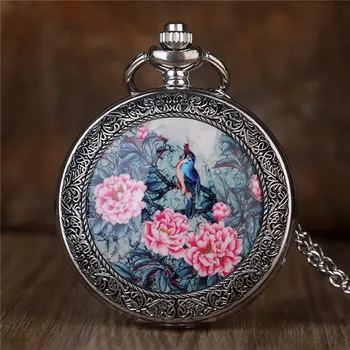 Творчески кварцови часовници джоб с рисувани във формата на цвете божур, модерно колие сребро, часовници за мъже и жени, най-добрият подарък