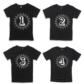 Тениски за парти по случай рождения ден на Тениска за момче, Летни блузи, Черна тениска за деца с номер 1, 2, 3, 4, принтом, къс ръкав за момчета, Детски Дрехи