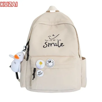 Ученически чанти KUZAI за момичета и момчета, просто однотонная чанта за книги с усмивка, женски черна раница, училищен раница за студенти